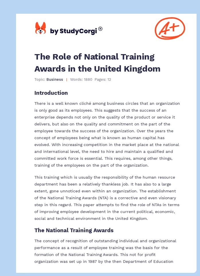 The Role of National Training Awards in the United Kingdom. Page 1