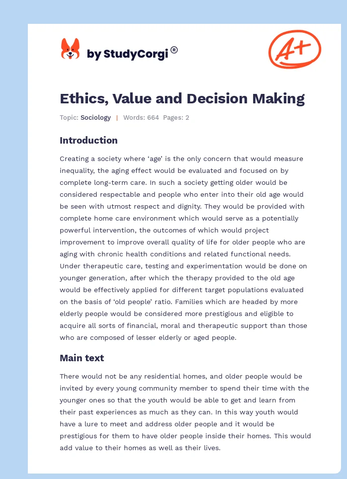 Ethics, Value and Decision Making. Page 1