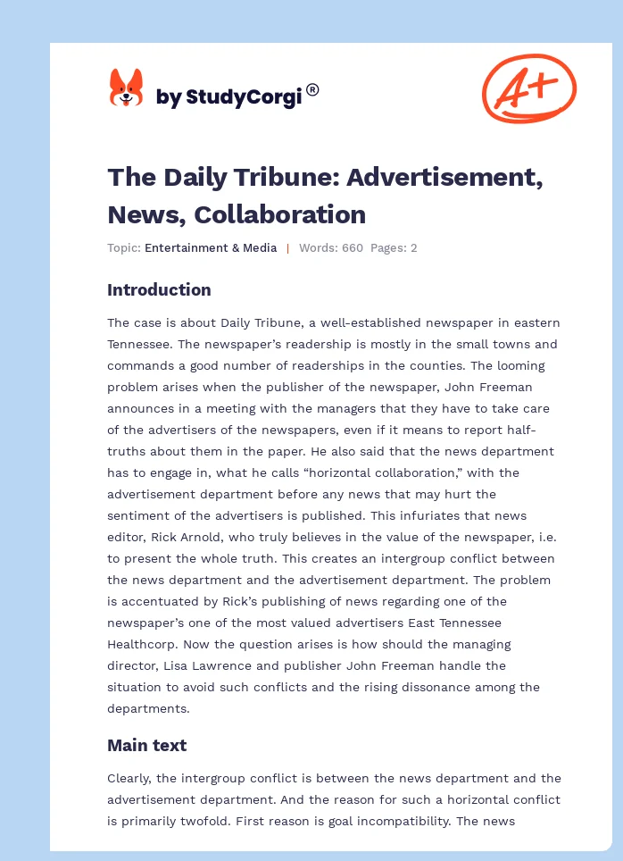 The Daily Tribune: Advertisement, News, Collaboration. Page 1