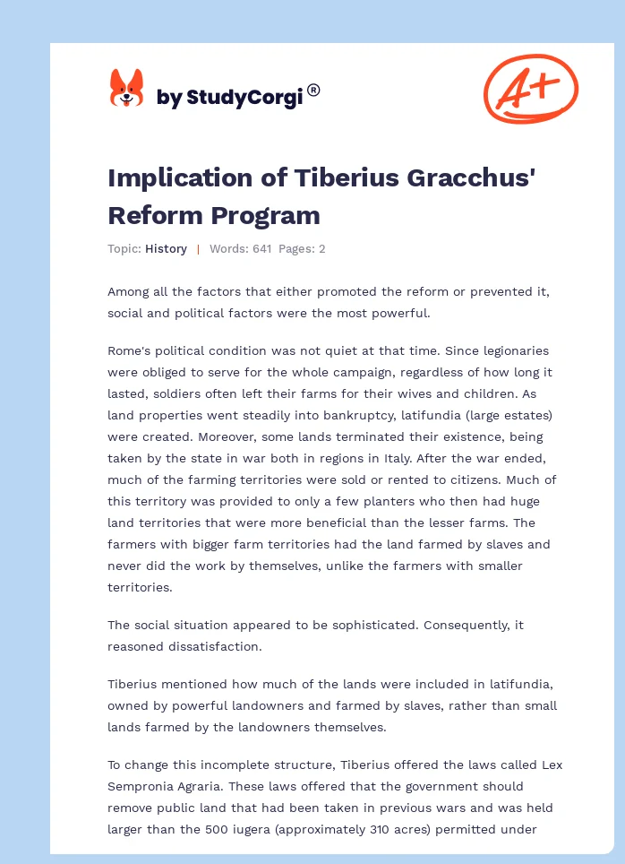 Implication of Tiberius Gracchus' Reform Program. Page 1