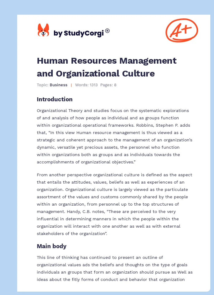 Human Resources Management and Organizational Culture. Page 1