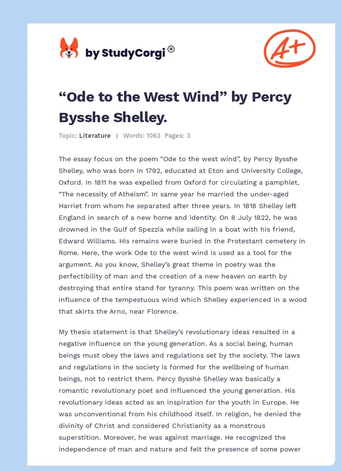 “Ode to the West Wind” by Percy Bysshe Shelley.. Page 1