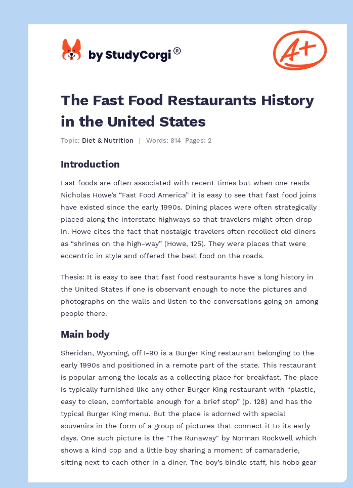 The Fast Food Restaurants History in the United States. Page 1