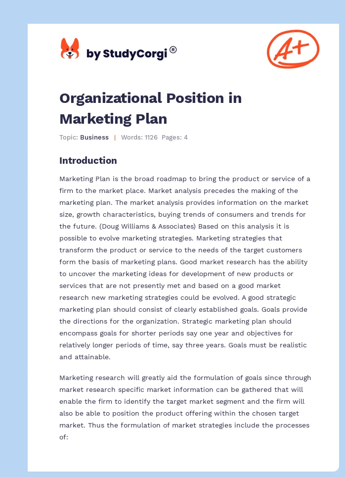 Organizational Position in Marketing Plan. Page 1
