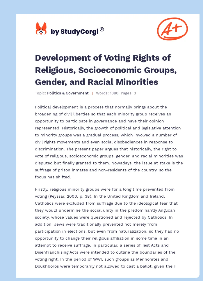 Development of Voting Rights of Religious, Socioeconomic Groups, Gender, and Racial Minorities. Page 1