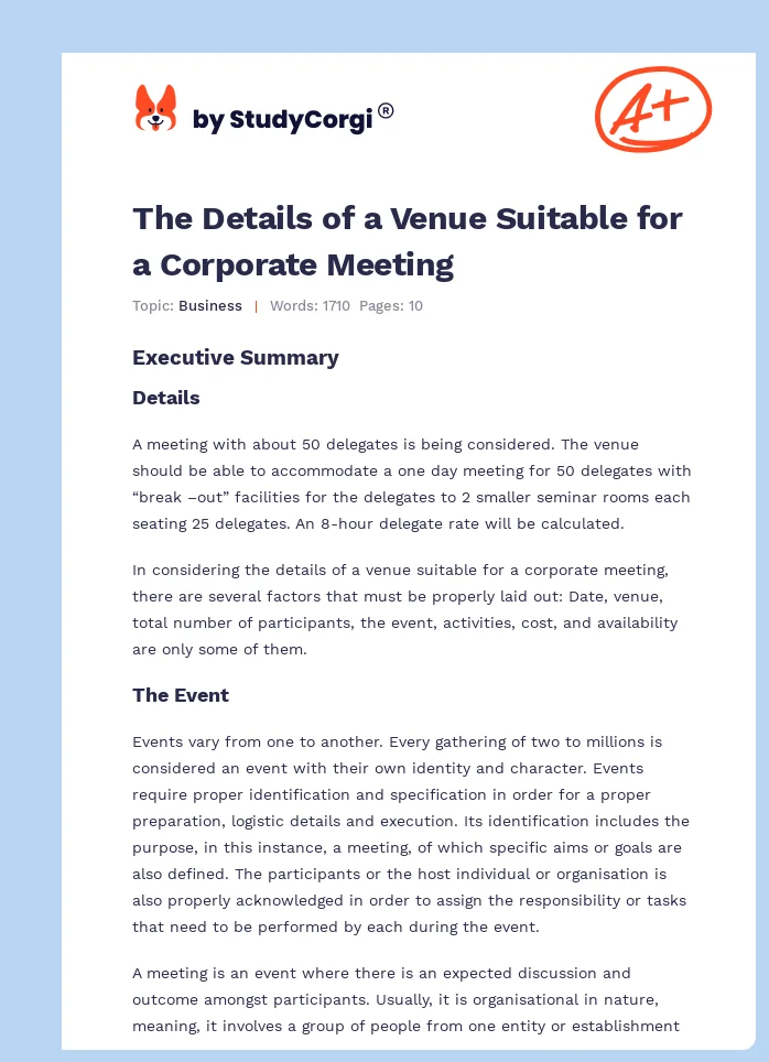 The Details of a Venue Suitable for a Corporate Meeting. Page 1