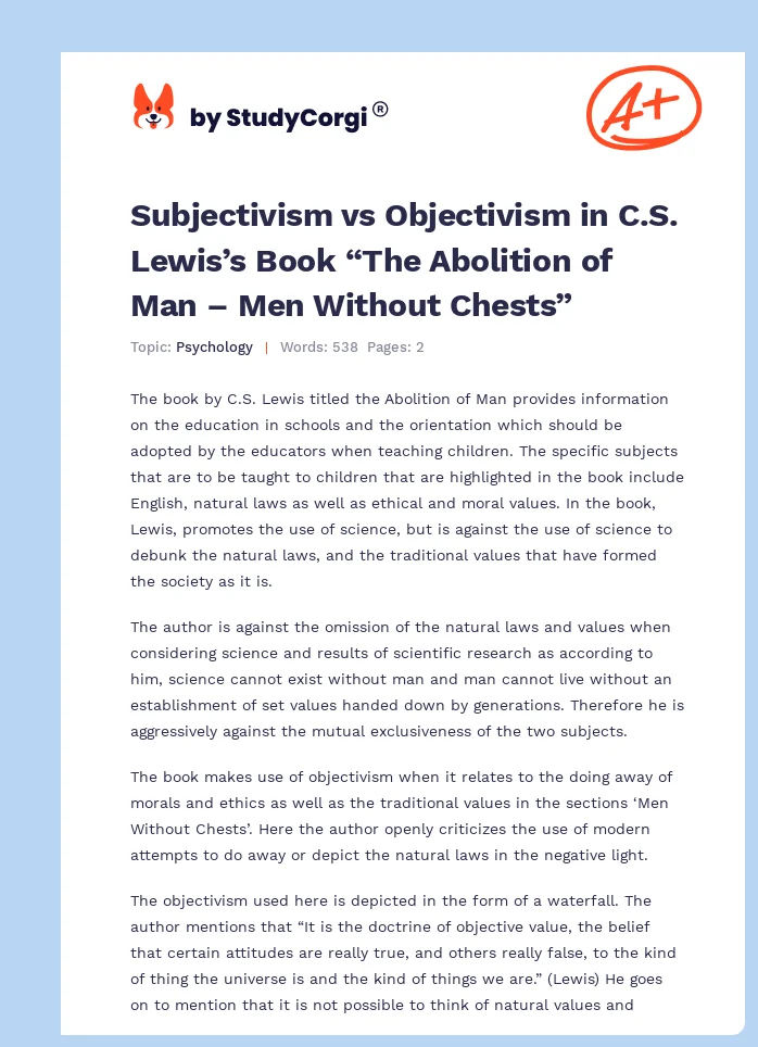 Subjectivism vs Objectivism in C.S. Lewis’s Book “The Abolition of Man – Men Without Chests”. Page 1