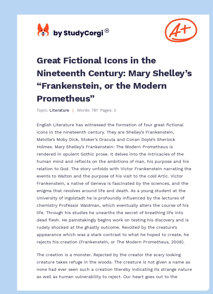Great Fictional Icons in the Nineteenth Century: Mary Shelley’s “Frankenstein, or the Modern Prometheus”. Page 1