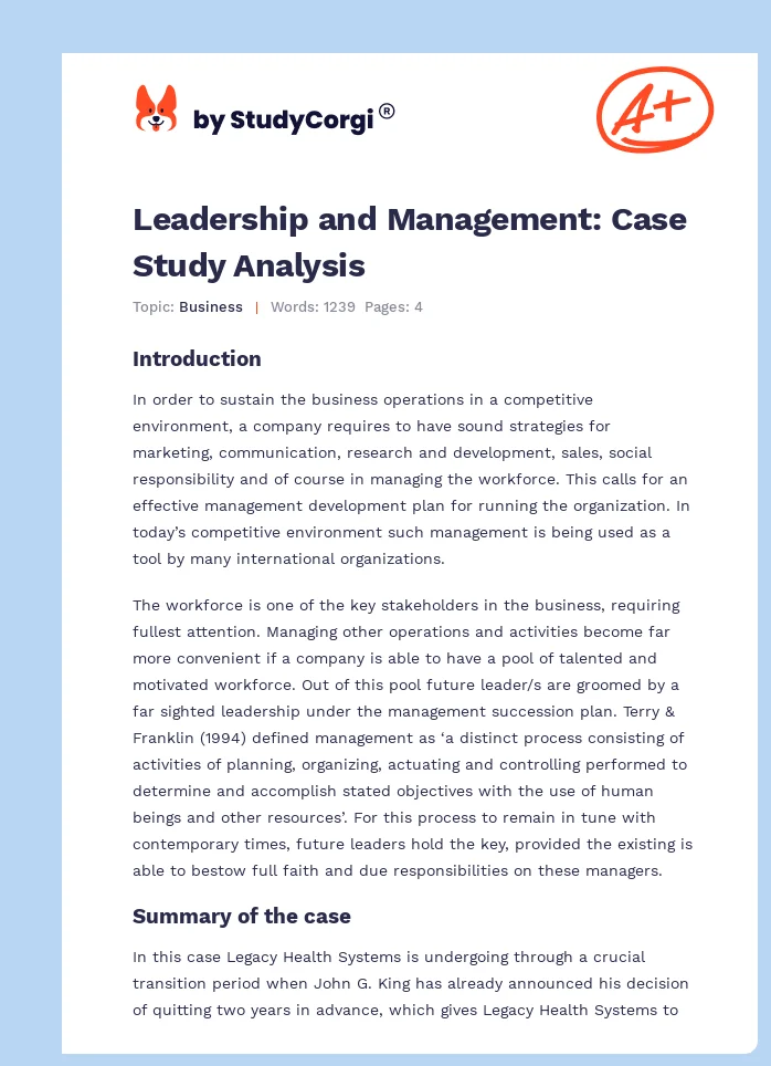 sample case study on leadership and management
