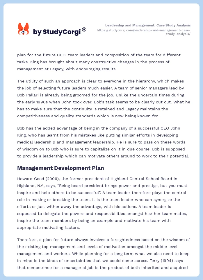 Leadership and Management: Case Study Analysis. Page 2
