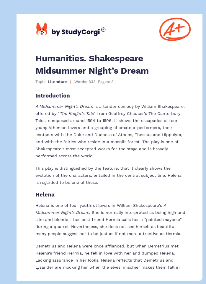 Humanities. Shakespeare Midsummer Night’s Dream. Page 1