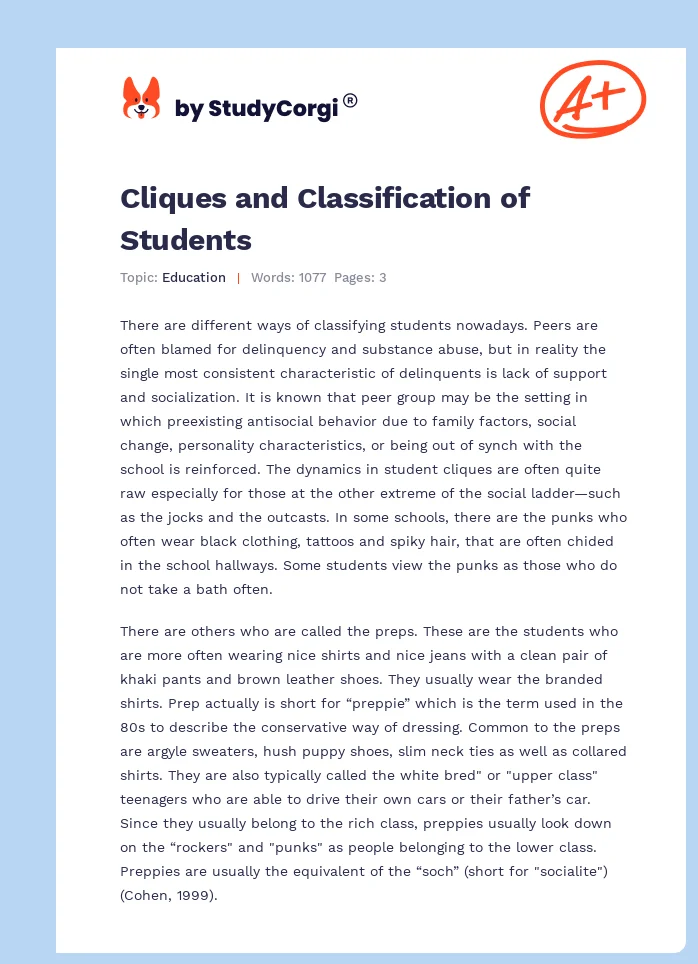 Cliques and Classification of Students. Page 1
