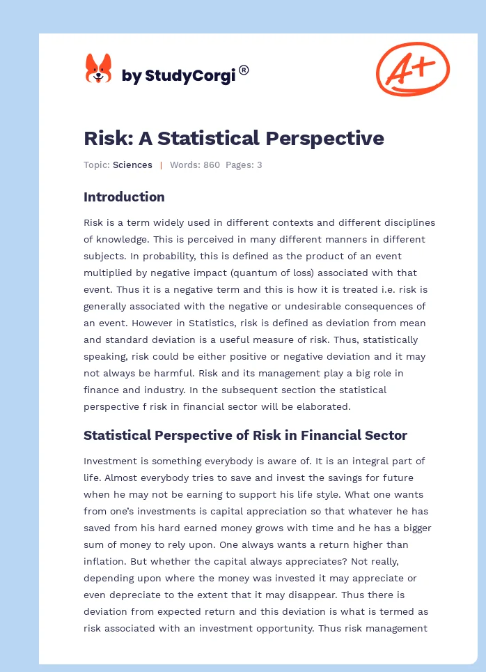 Risk: A Statistical Perspective. Page 1