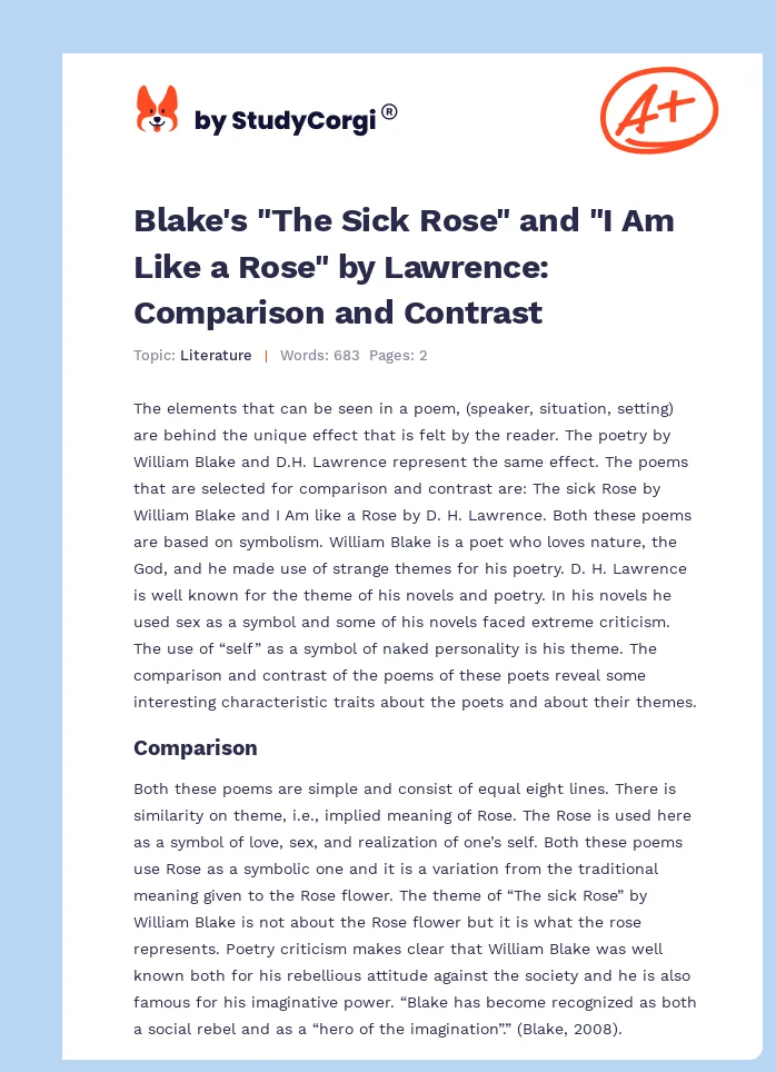 Blake's "The Sick Rose" and "I Am Like a Rose" by Lawrence: Comparison and Contrast. Page 1