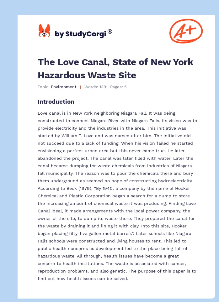 The Love Canal, State of New York Hazardous Waste Site. Page 1