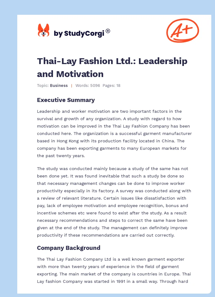 Thai-Lay Fashion Ltd.: Leadership and Motivation. Page 1