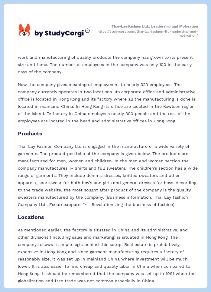 Thai-Lay Fashion Ltd.: Leadership and Motivation. Page 2