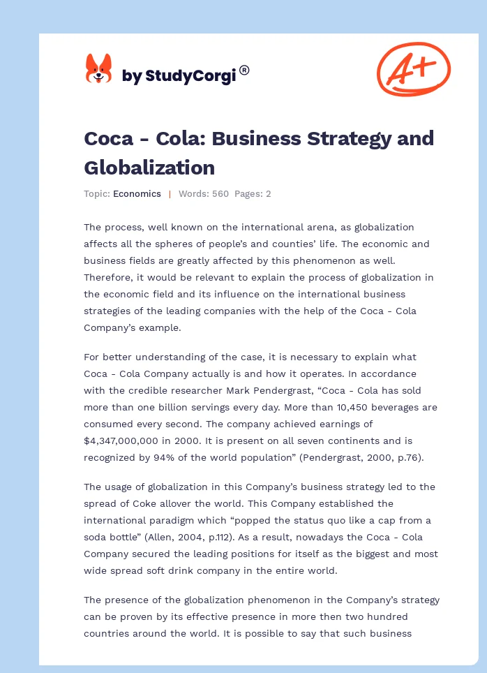 Coca - Cola: Business Strategy and Globalization. Page 1