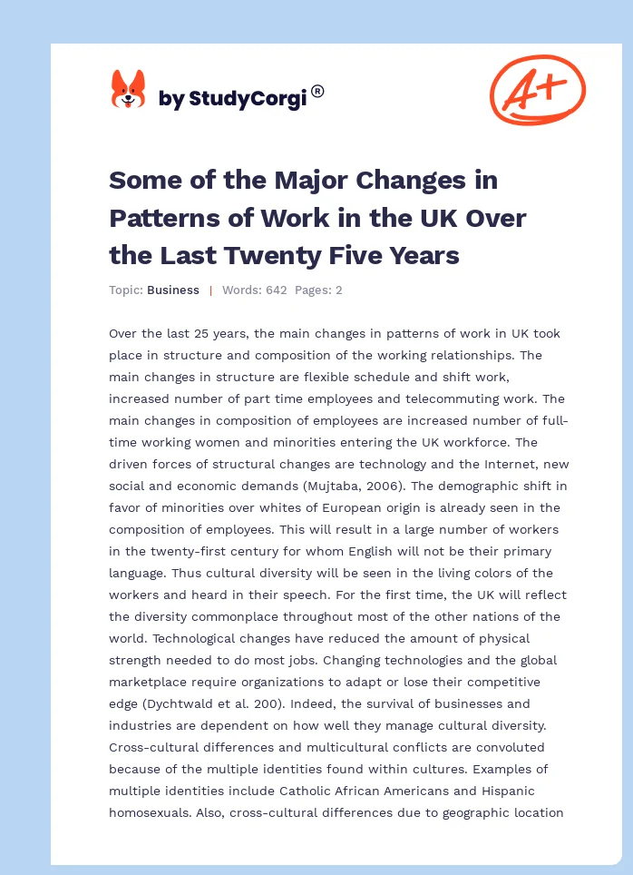 Some of the Major Changes in Patterns of Work in the UK Over the Last Twenty Five Years. Page 1