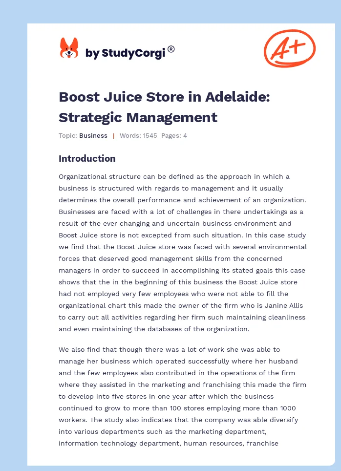 Boost Juice Store in Adelaide: Strategic Management. Page 1