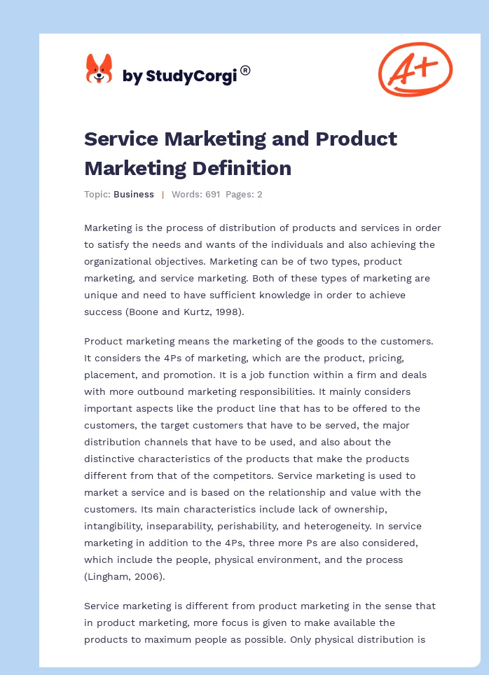 Service Marketing and Product Marketing Definition. Page 1