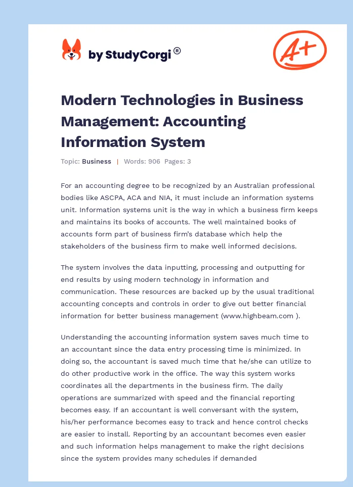 Modern Technologies in Business Management: Accounting Information System. Page 1