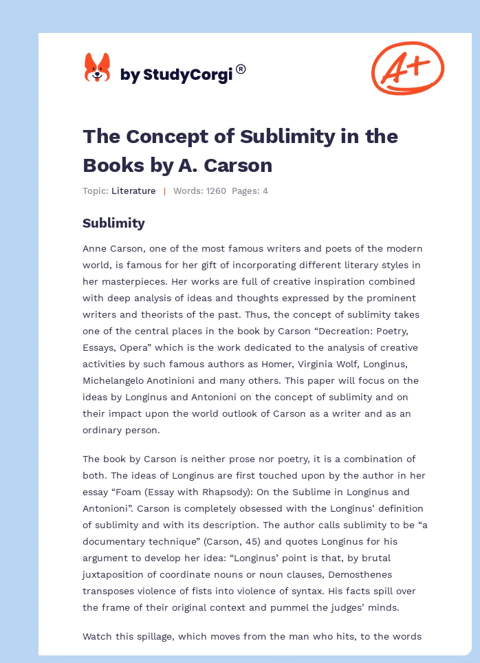 The Concept of Sublimity in the Books by A. Carson. Page 1
