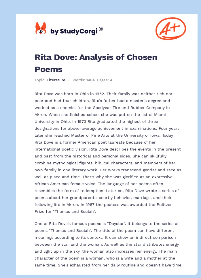 Rita Dove: Analysis of Chosen Poems. Page 1