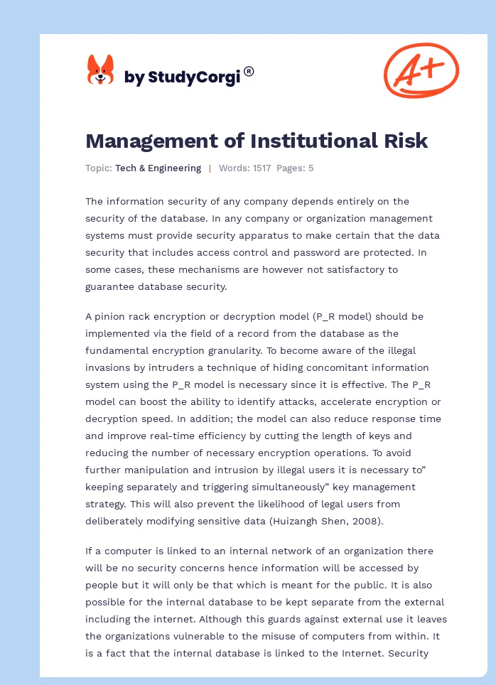 Management of Institutional Risk. Page 1
