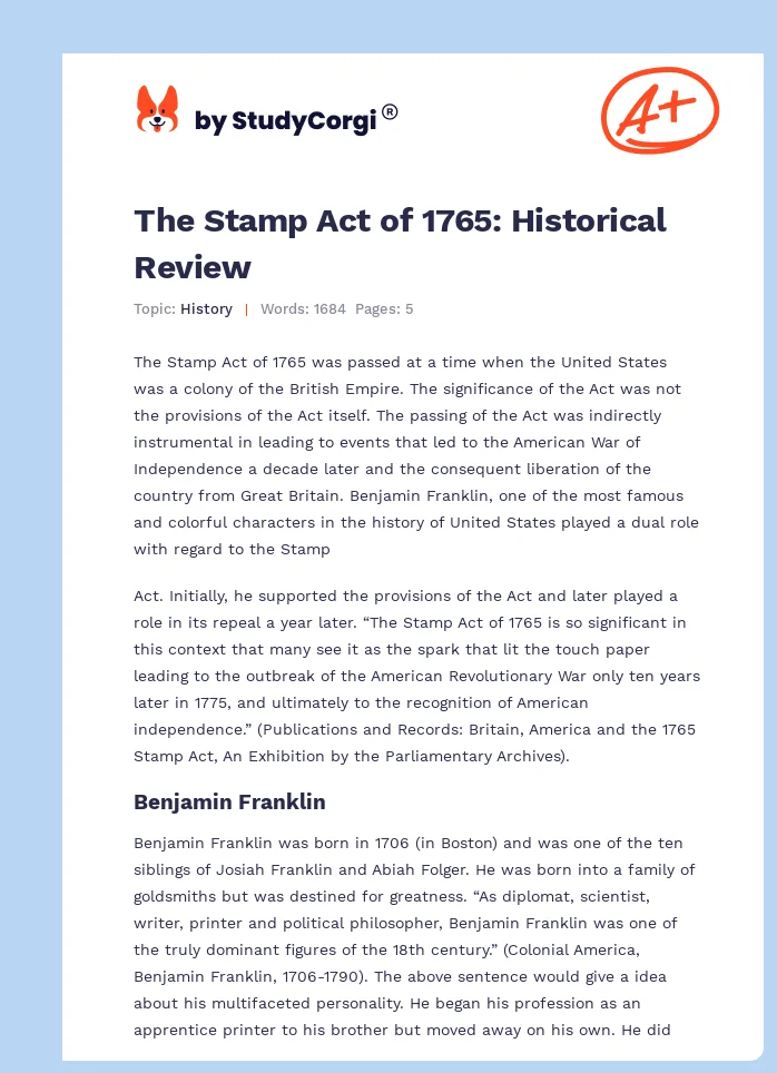 The Stamp Act of 1765: Historical Review. Page 1