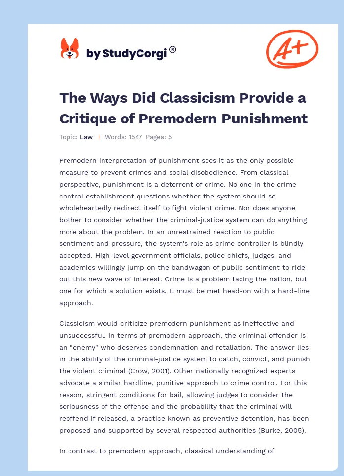 The Ways Did Classicism Provide a Critique of Premodern Punishment. Page 1