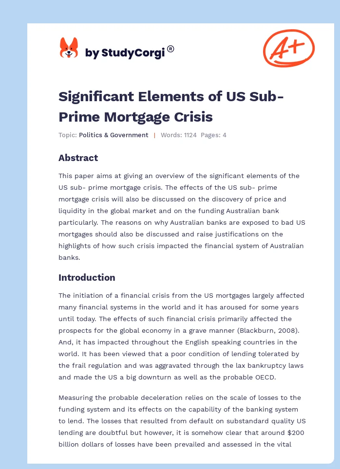 Significant Elements of US Sub-Prime Mortgage Crisis. Page 1