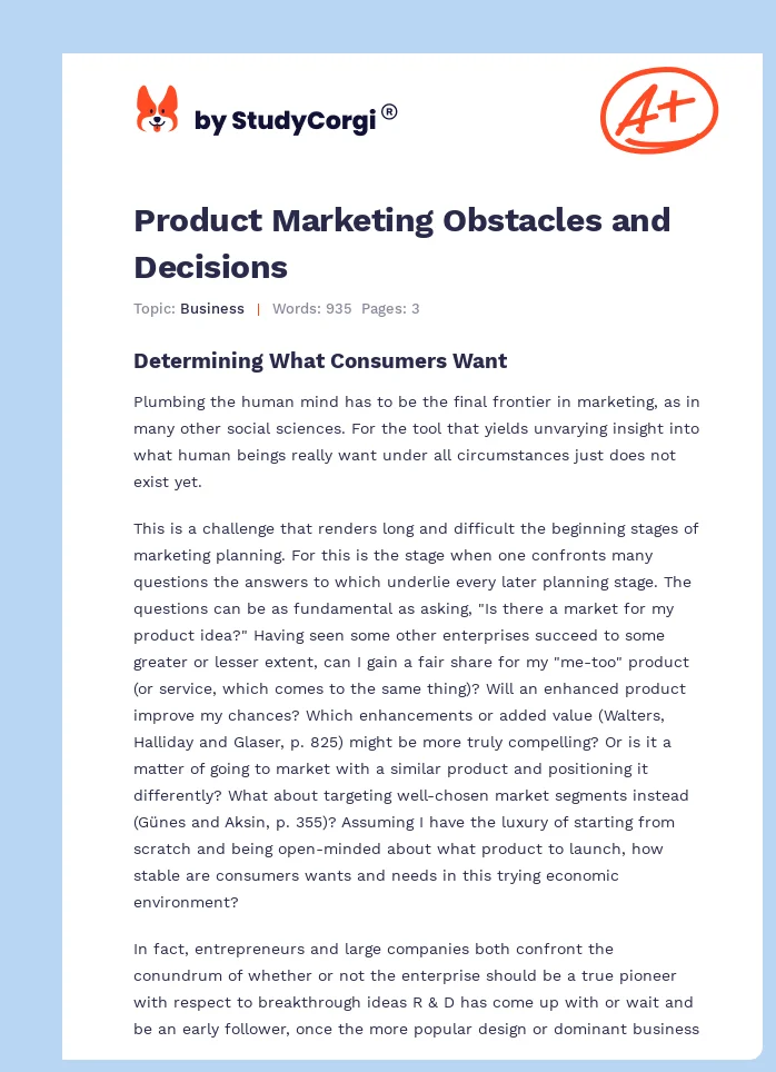 Product Marketing Obstacles and Decisions. Page 1
