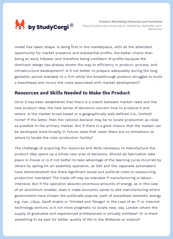 Product Marketing Obstacles and Decisions. Page 2