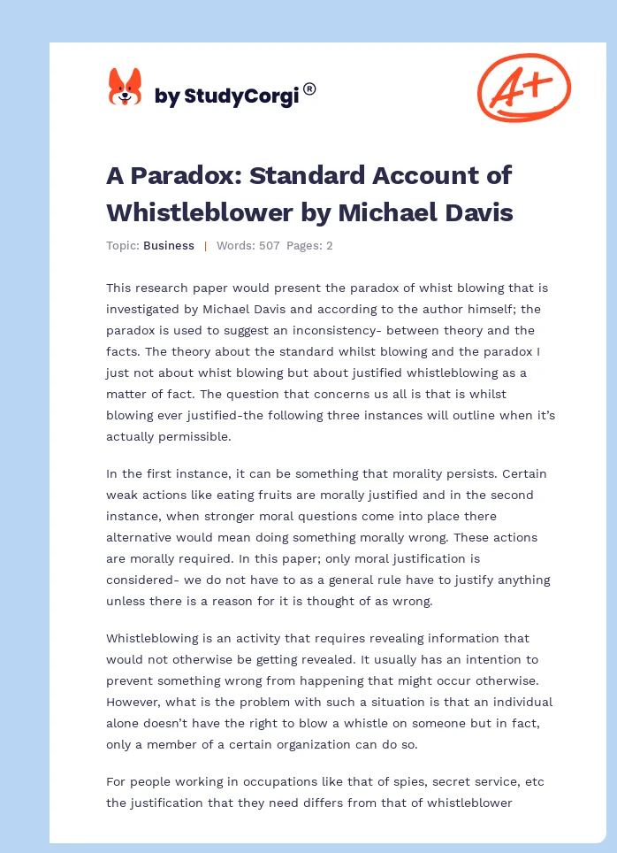 A Paradox: Standard Account of Whistleblower by Michael Davis. Page 1