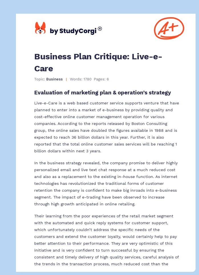 Business Plan Critique: Live-e-Care. Page 1