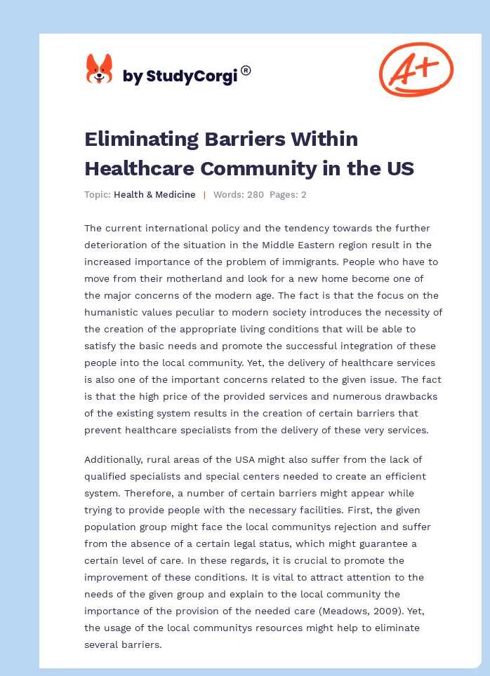 Eliminating Barriers Within Healthcare Community in the US. Page 1