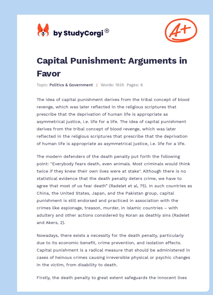 Capital Punishment: Arguments in Favor. Page 1