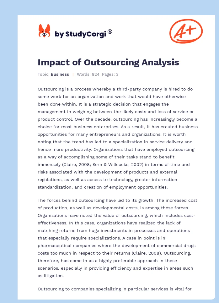 Impact of Outsourcing Analysis. Page 1