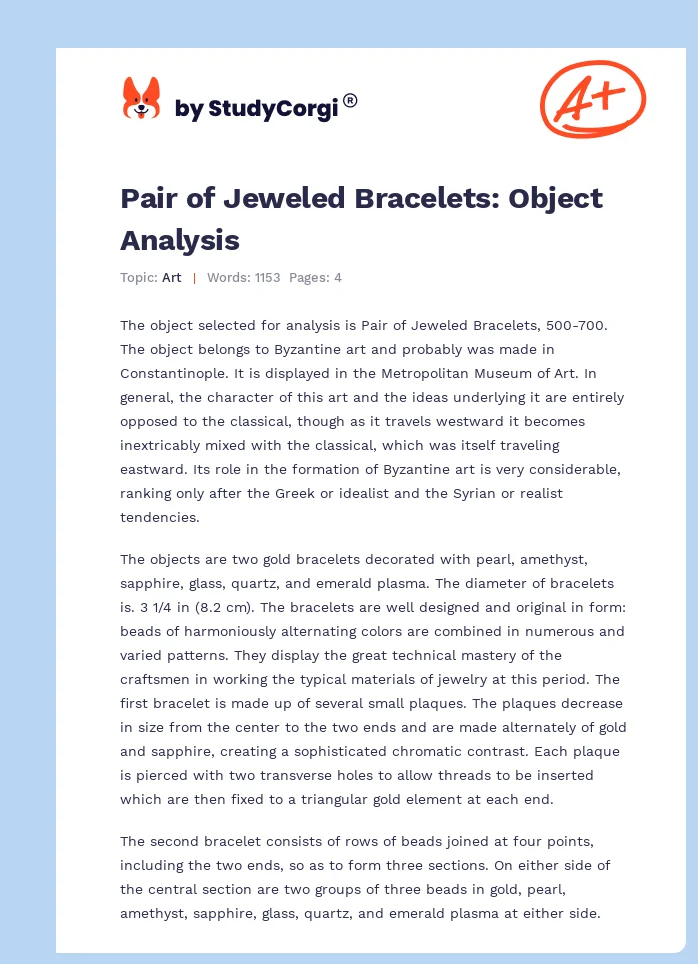 Pair of Jeweled Bracelets: Object Analysis. Page 1