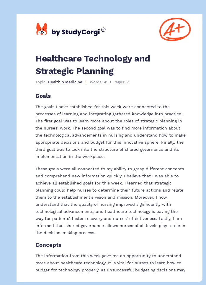 Healthcare Technology and Strategic Planning. Page 1