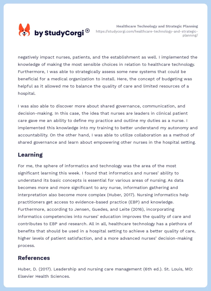 Healthcare Technology and Strategic Planning. Page 2