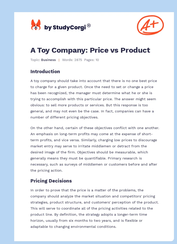 A Toy Company: Price vs Product. Page 1