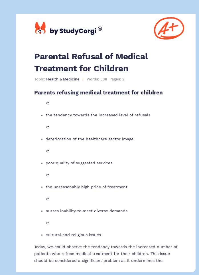 Parental Refusal of Medical Treatment for Children. Page 1