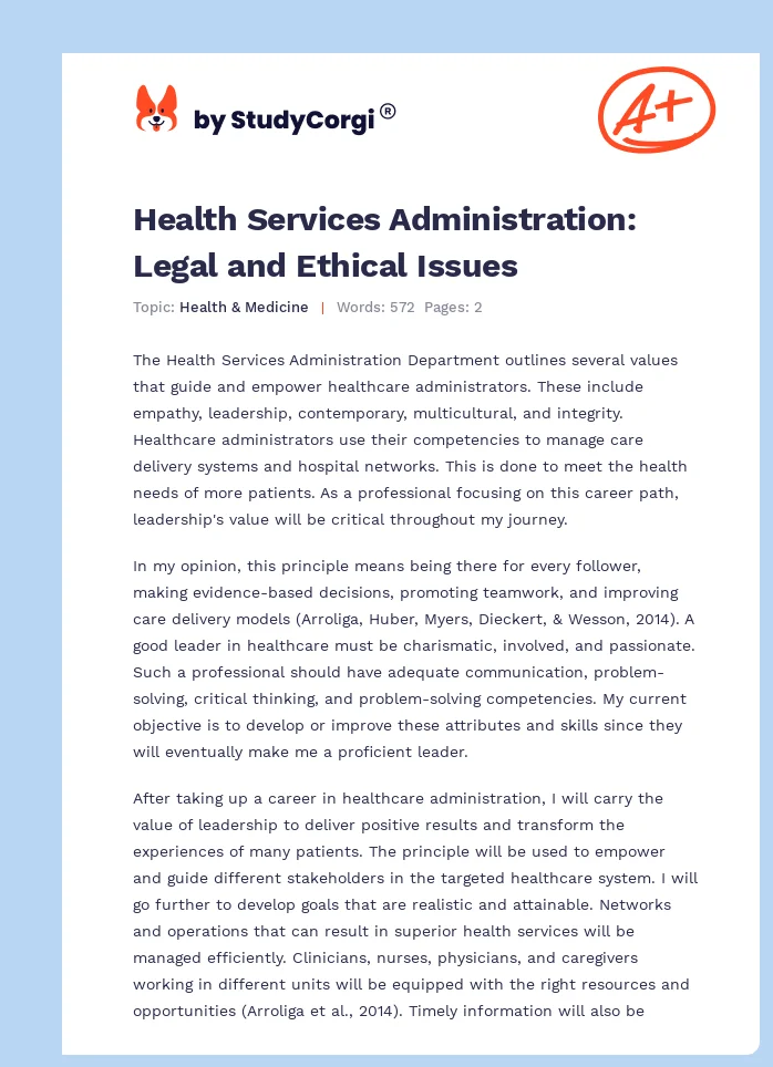 Health Services Administration: Legal and Ethical Issues. Page 1