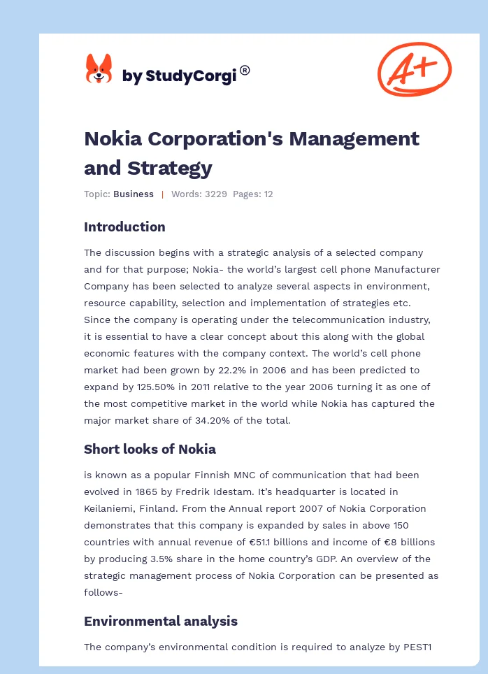 Nokia Corporation's Management and Strategy. Page 1