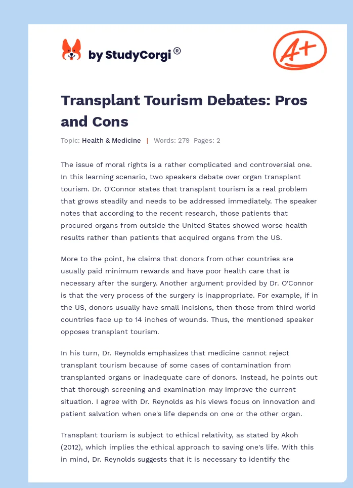 Transplant Tourism Debates: Pros and Cons. Page 1