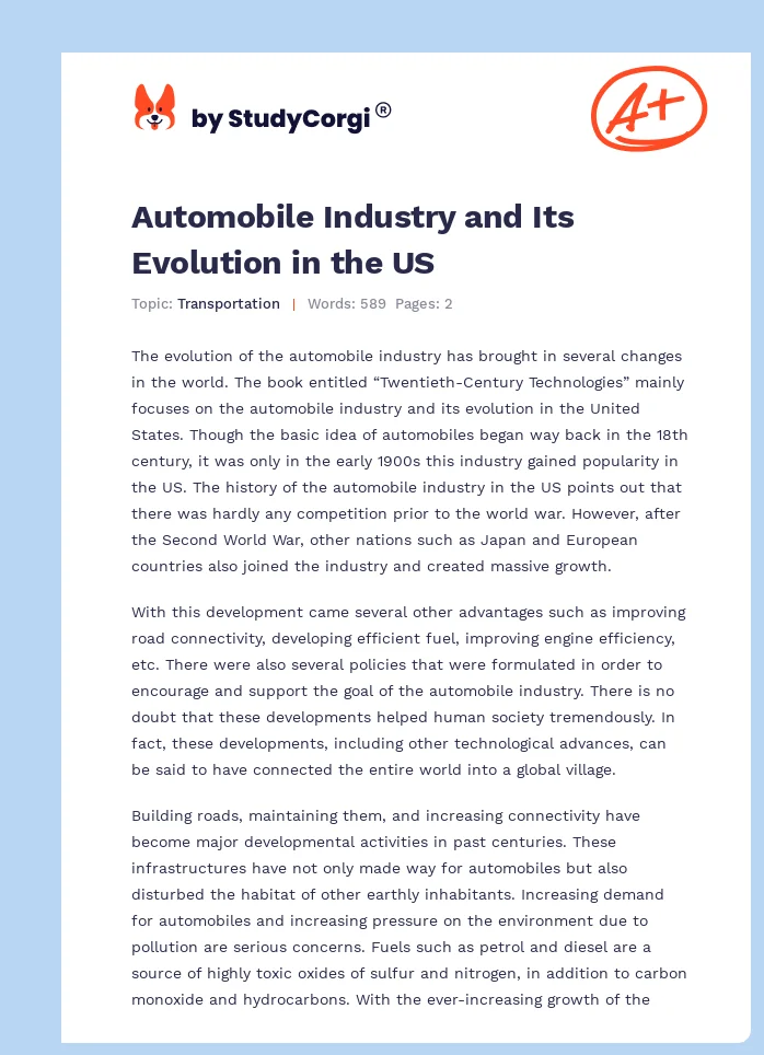 Automobile Industry and Its Evolution in the US. Page 1