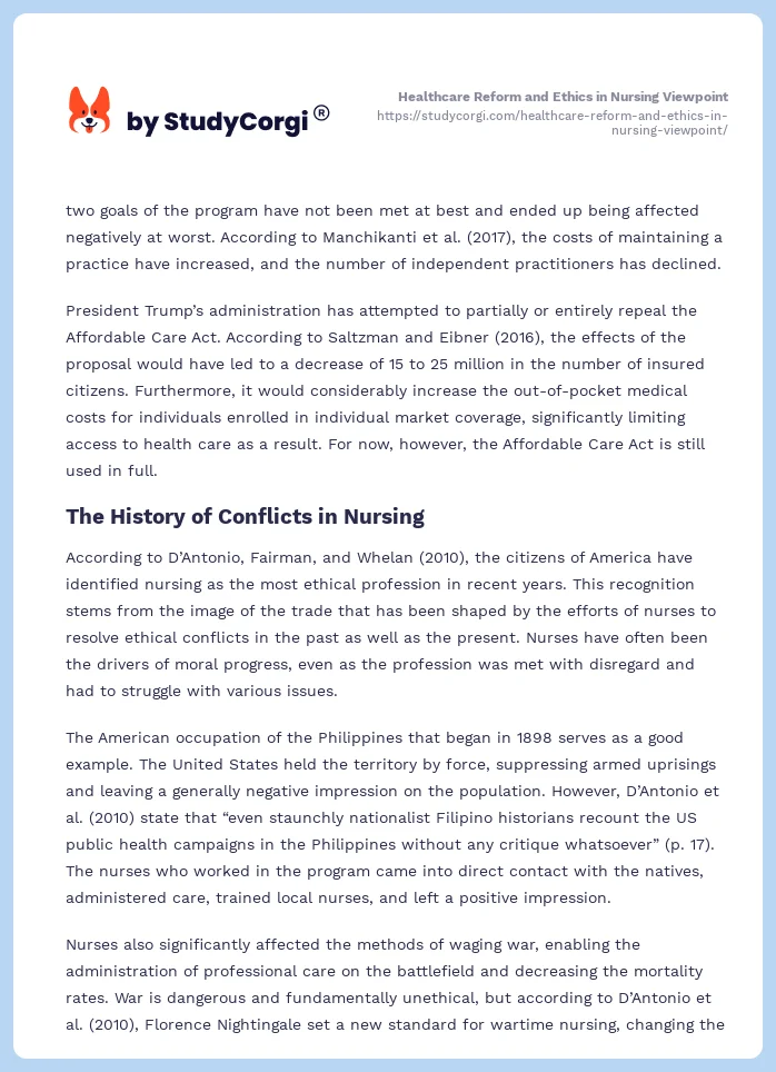 Healthcare Reform and Ethics in Nursing Viewpoint. Page 2