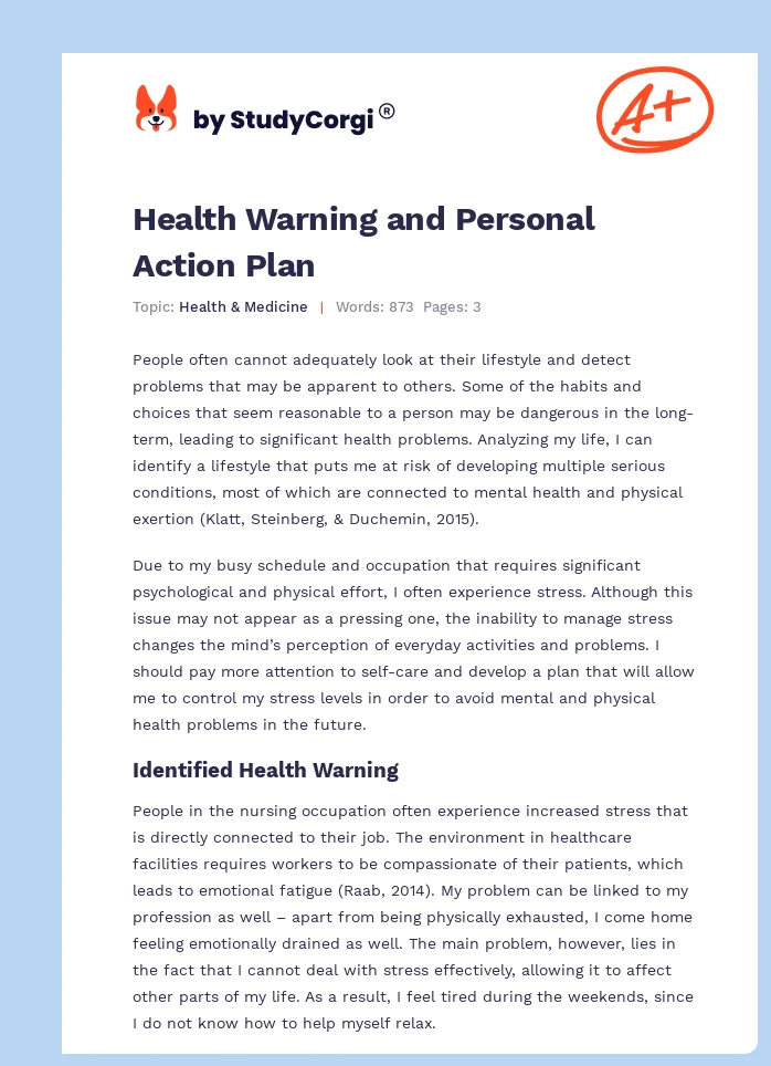Health Warning and Personal Action Plan. Page 1